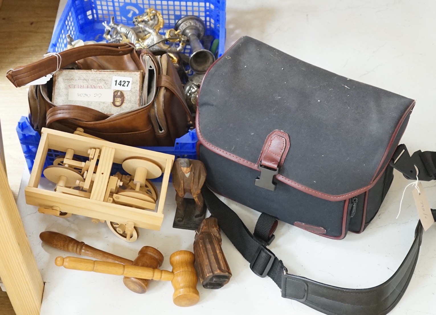 A model of an Ottoman warrior on horse back, 19cm wide, together with A selection of plated items, camera, small scale set, postcards, etc.